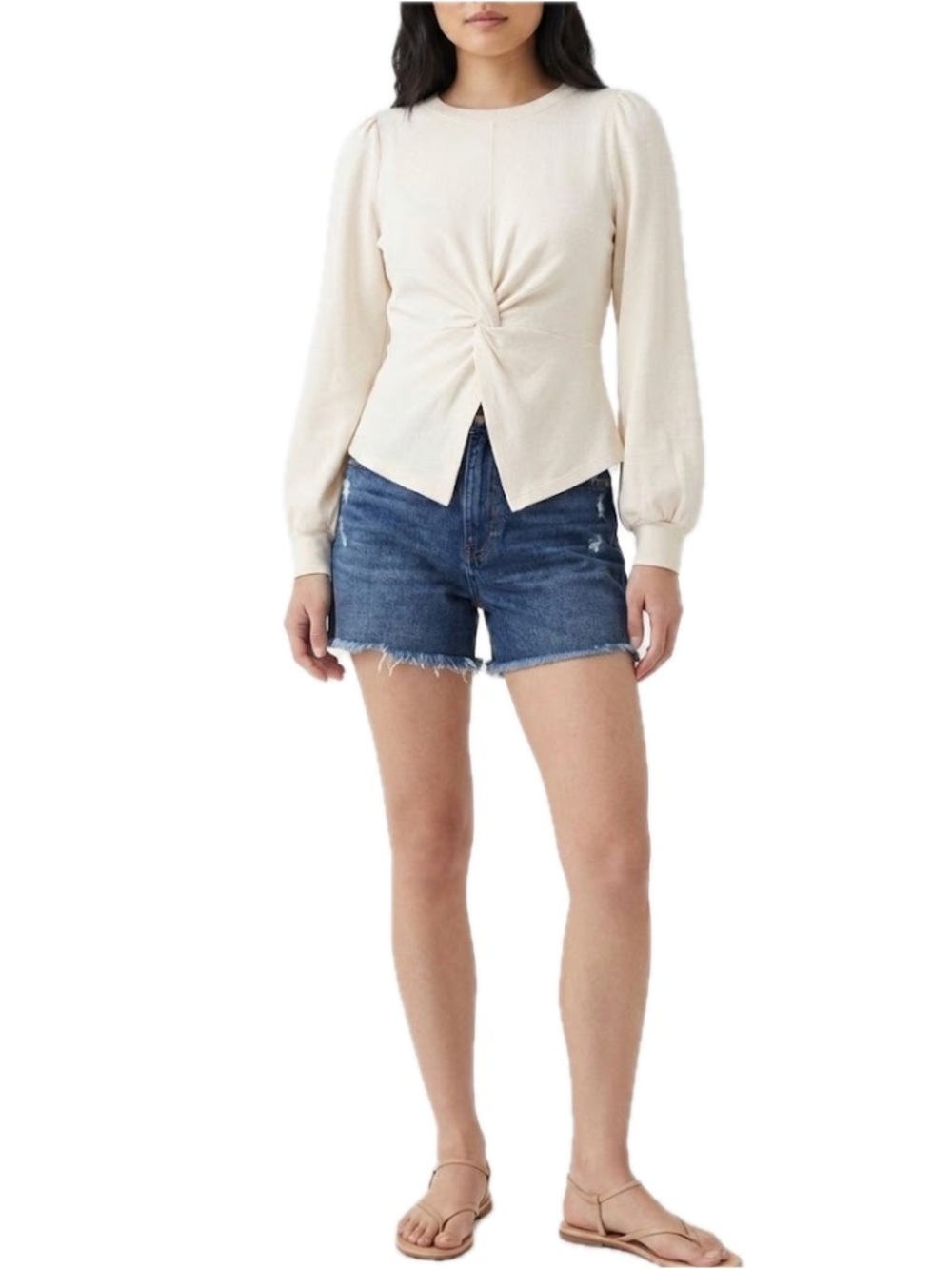 Anthropologie Pilcro Twist Front Cotton Pullover Small Puff Sleeve Cream